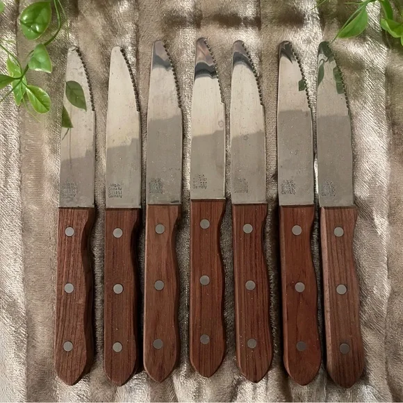 NWOT GERMANY KNIVES STEAK SLITZER Tang Thru Handle 7 Stainless Wooden Handles