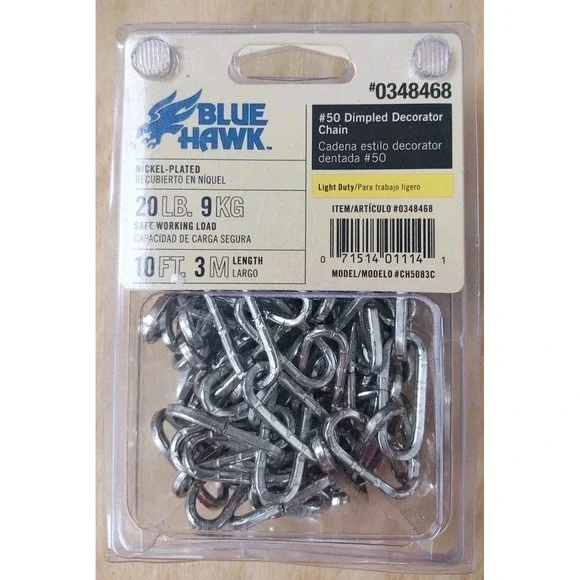 Blue Hawk 10 Ft DIMPLED Nickel‎ Plated Decorative Oblong Chain 20 LB NEW In Box