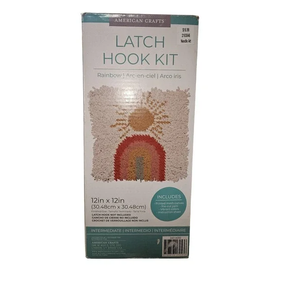 American Crafts Latch Hook Kit Rainbow Sun 12x12 Rug Canvas Yarn New Needlecraft