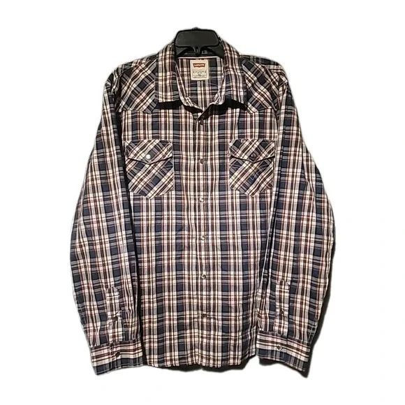 Levi's Western Shirt Mens XL Plaid Long Sleeve Pearl Snap Buttons Red Blue White