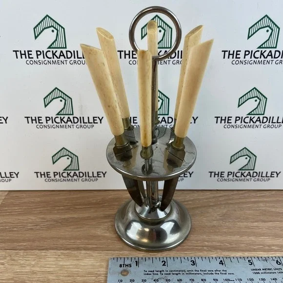 Vintage Rein-Nickel 6 Piece Steak Knife Set with Stainless Carousel Stand Bone