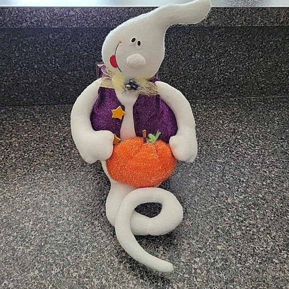VINTAGE 2002 Halloween Ghost Shelf Sitter with Pumpkin Purple Vest Bow Tie‎