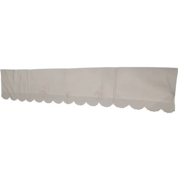Vintage White Linen Valance Pink Scalloped Lace Trim Floral Embroidery B