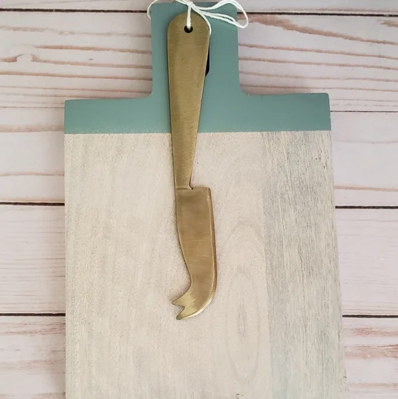 Rectangular Wood Serving Board with Knife in White/Light Blue