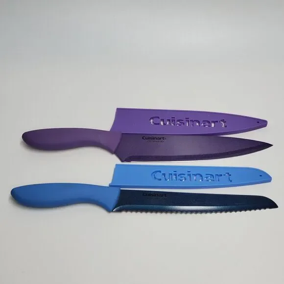 Cuisinart 2pc Knife Set Purple 8in Slicing Blue 7.5in Serrated with Guards