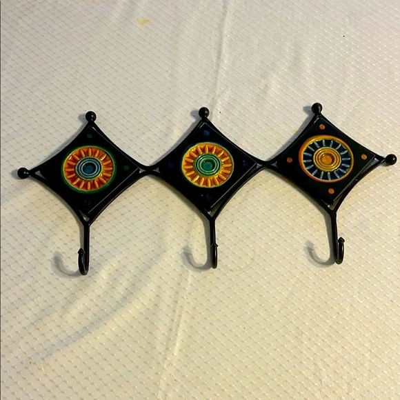 Pair Ceramic Tile Hook Sunburst Suns For Purse Clothes Hanging Key Hanger