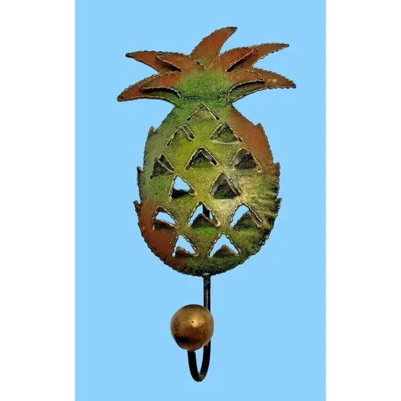 Pineapple Metal Wall Hook Green Gold Tropical Beach House Tiki Coastal