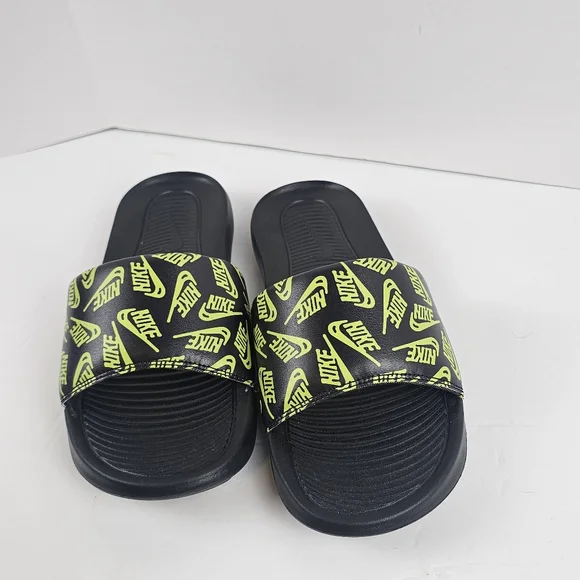 Nike Victori One Black/Neon Green Volt Logo Print Sport Slides Size 8 Lounge