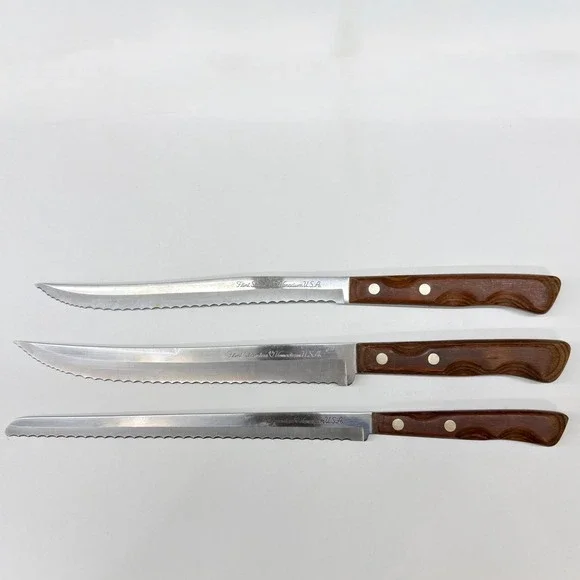 Vintage Flint Stainless Vanadium USA Knife Set of 3 Serrated Wood Handle Cutlery