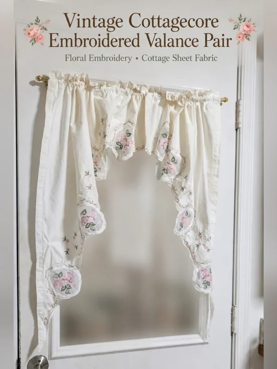 Vintage Cottage Chic Embroidered Valance Pair Romantic Floral Curtain 2 Panels