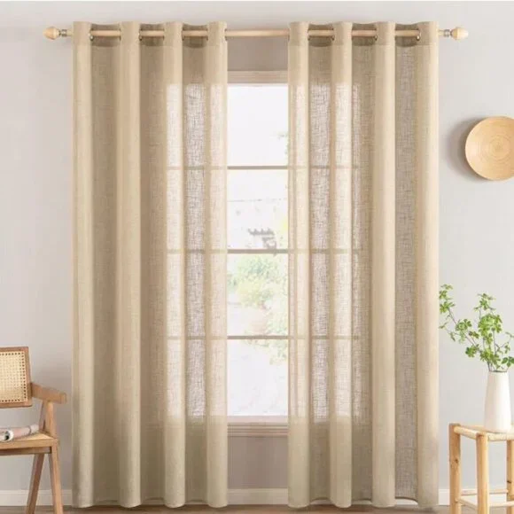 2 Miulee Curtain Panels Linen Blend Tan Grommet Top 52 x 84 NEW
