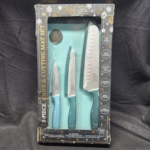 Knife & Cutting Mat Set Thyme & Table 5 Piece Festive Collection Damaged Box