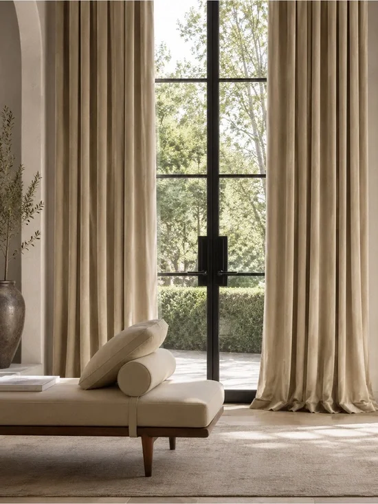 Restoration Hardware COTTON VELVET DRAPERY Panel Drapes ROD POCKET Sand 50”x92”