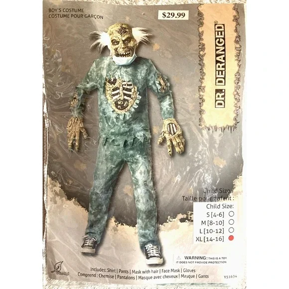 Dr. Deranged Child Halloween Costume‎ Size XL 14-16 Scary Zombie Mask