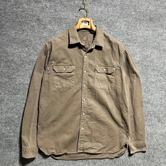 Levis Button Down Shirt Mens XL Brown Canvas Long Sleeve Workwear Utility Pocket