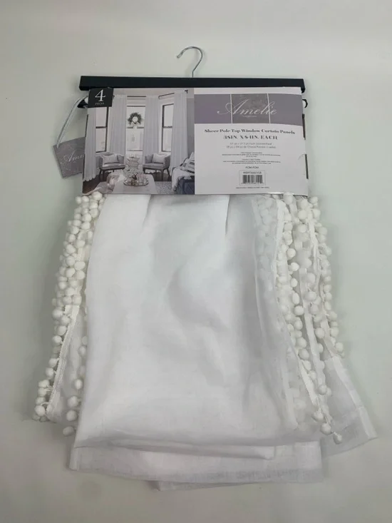 Amelie Sheer Pole Top Window Curtain Panels with Pom Trim White 38x84 NEW NWT