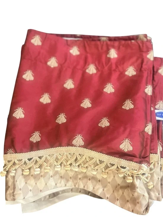 Pair Pure Silk Empire Valances Embroidered Gold Bees Scalloped Fringe