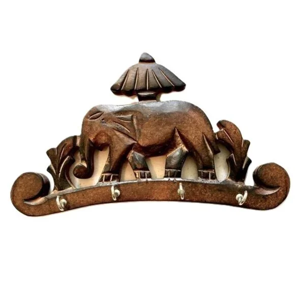 Key Rack Holder HANDMADE Folk Art Carved Wood Elephant 8 x 4.5 x 0.5 inches