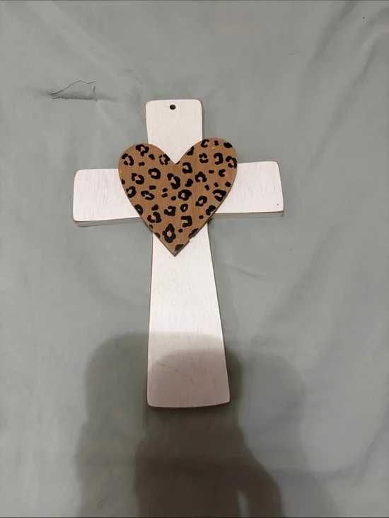 Hobby Lobby White Wooden Cross with Leopard-Print Brown Heart