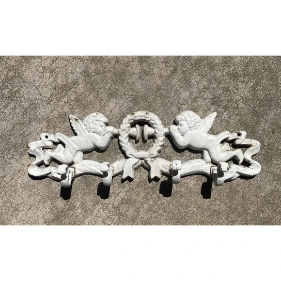 Vintage Ornate Cherub Wall Decoration Painted White Cast Wrought Iron Hook Metal
