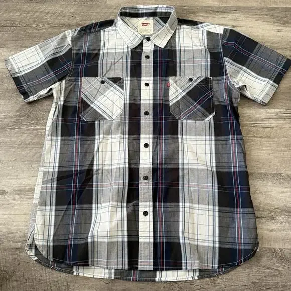 Levi’s Shirt Mens Large Blue Plaid Button Up Cotton Blend Woven Pockets