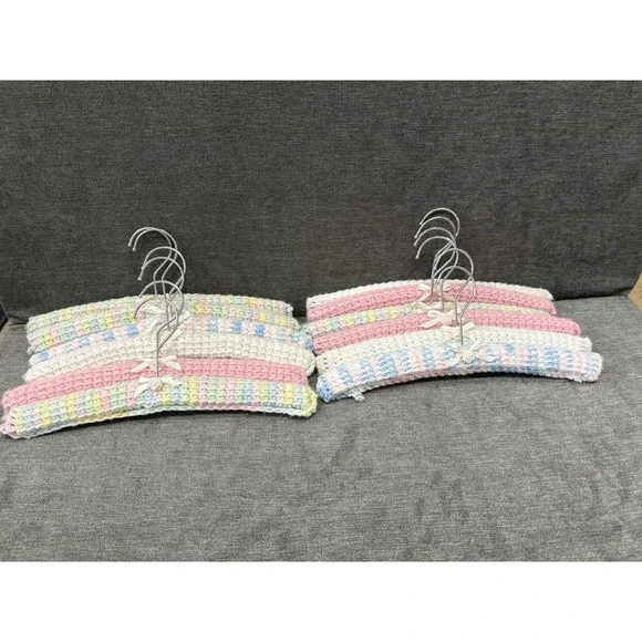 Colorful Baby Vintage 12 Handmade Crochet Yarn Covered Wooden Hangers Metal Hook
