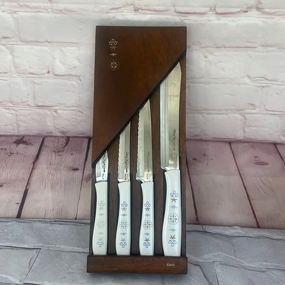 MCM 1960’s Blue Dutch tulip knife set of 4 wooden wall plaque