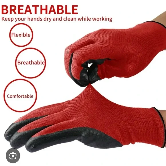 (0444) Unisex Work Gloves 6 pairs of Red Nylon Shell W/ Black Nitrile.