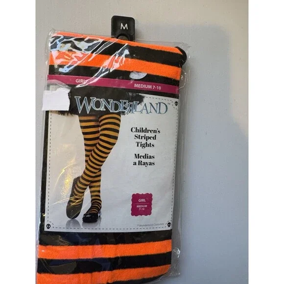 New Wonderland Costumes Girls Striped Tights Orange and Black Size Medium 7-10