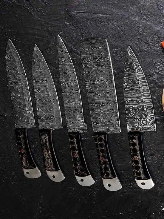 Damascus Kitchen Knife Set 5PC Blue Resin Handle Chef Knives