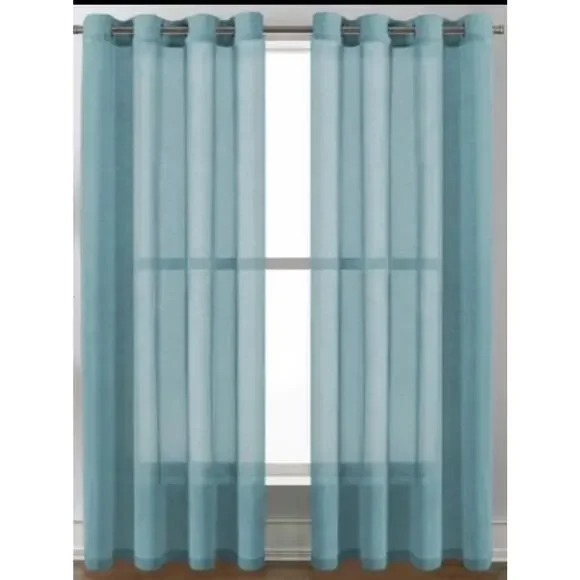 Teal Linen Blend Curtain Panels 52 x 96” Silver Grommets Sheer Curtains