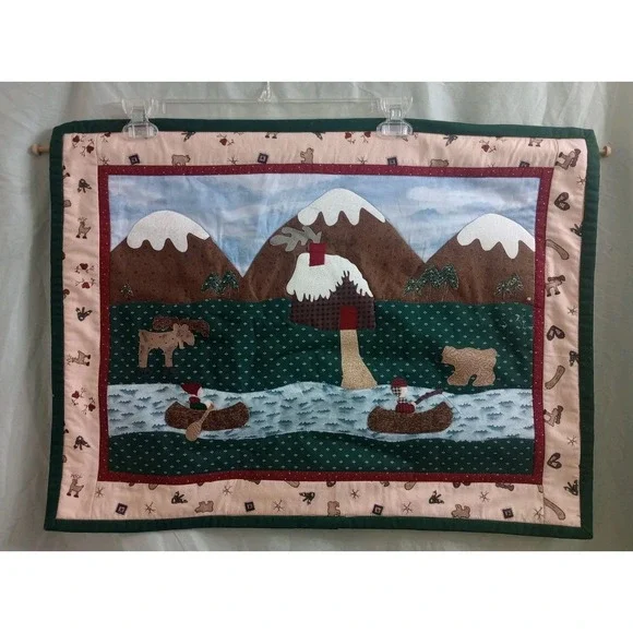 Quilted Wall Hanging Moose Canoe Mountains 26x19.5 Rustic Cabin Decor Primative