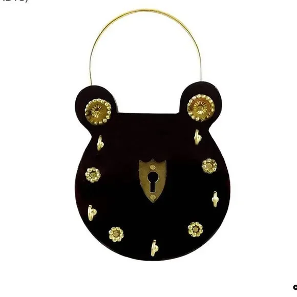 10/$25🦋 Dolls of India Wooden Padlock with 5 Hooks Key Hanger