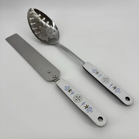 Vintage Ecko Blue Flower Dutch Tulip Stainless Cooking‎ Slotted And Cake Knife