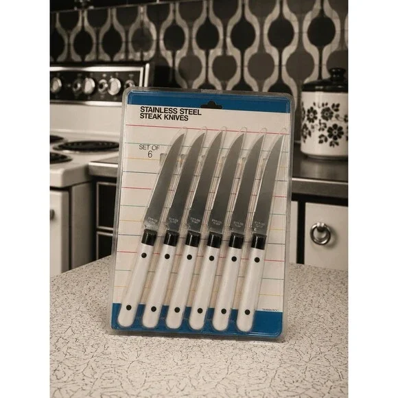 Vintage NOS Stainless Steel Steak Knife Set of 6 White Handles Taiwan ROC Sealed