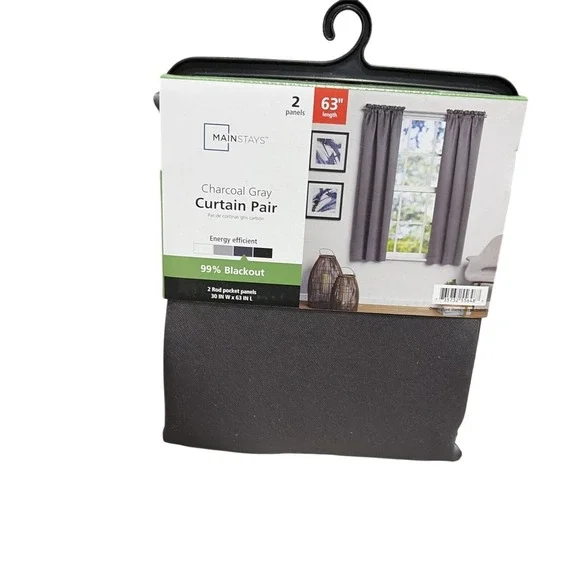 Mainstays Curtain Pair Blackout Charcoal Gray Rod Pocket 30x63 NWT Modern 2pk