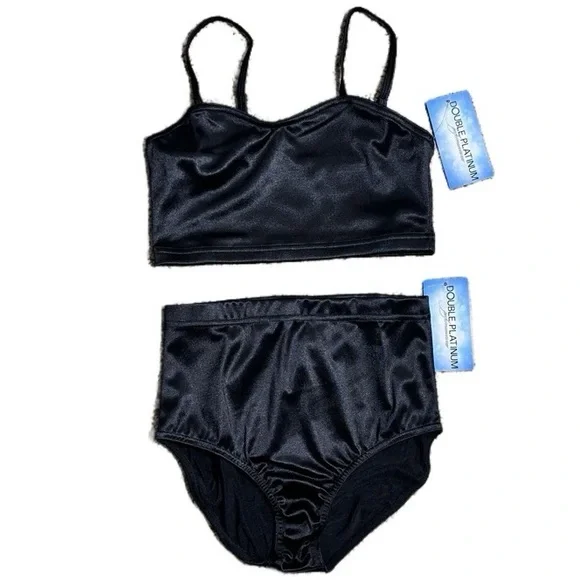 Double Platinum 2 piece Black Dance set Satin crop Top and Briefs Adult‎ S NWT