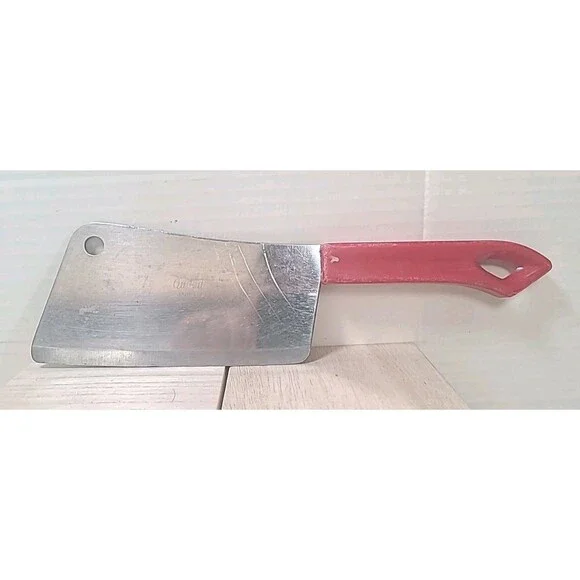Vintage Quikut Stainless Steel Cleaver Red Plastic Handled MCM