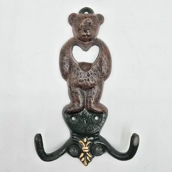 Vintage Cast Iron Teddy Bear with Heart Wall Coat Hook Hanger 6