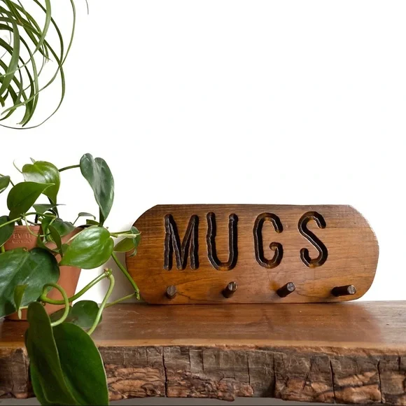 Vintage Wooden Coffee Mug Peg Rack Wall Hooks Kitchen Storage MCM