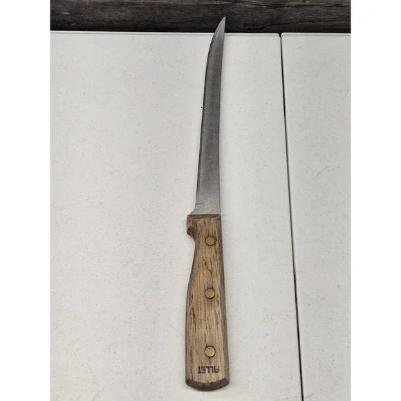 Vintage Stainless Steel Fillet Knife Wood Handle Brass Rivets 12 Inch Taiwan