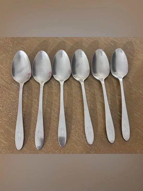 Oneida Community Mono S Teaspoons Set of 6 6” Stainless Flatware Monogram Estate