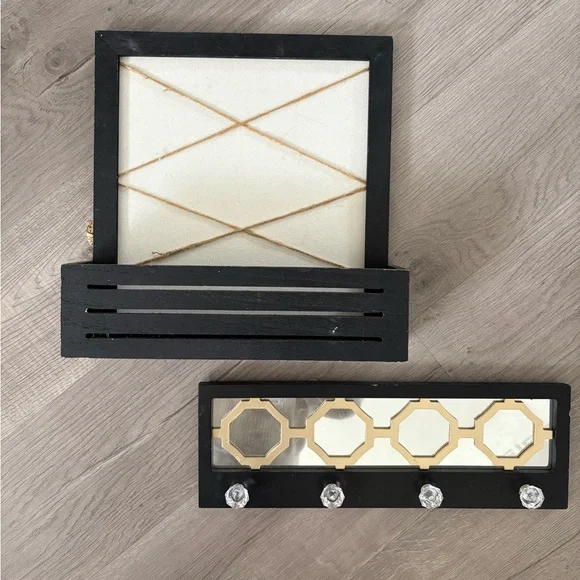 🏡 Black Wall Hook Organizer with Gold Accent Mirror and Crystal Knobs