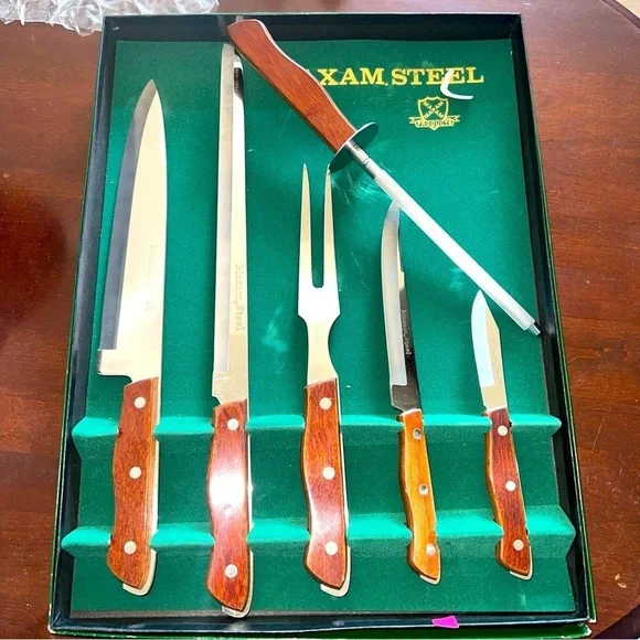 Vintage Set of 5 Wood Handle MAXAM Steel Kitchen Knife Set Plus Bonus Sharpener