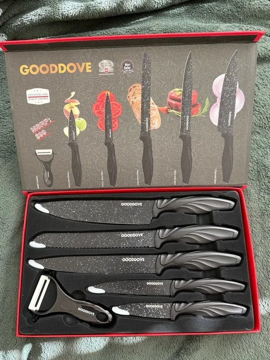NWT SWISS GOLD Switzerland Black Speckled 6-Piece Kitchen Knife and Peeler Set