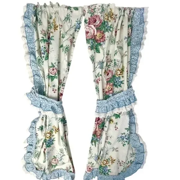 Vintage Cottagecore Floral Curtain Panels Lace Ruffle Tiebacks 42x32 1990s