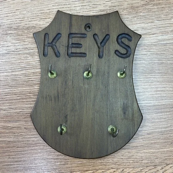 Vintage 1980 Wood Wall Hanging Key Hook Rack with 5 Hooks