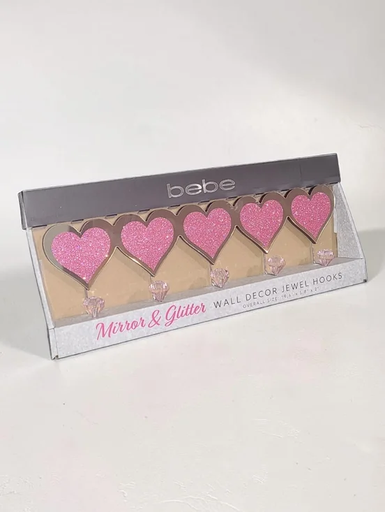 bebe Pink Mirror & Glitter Heart Wall Decor Jewel Hooks