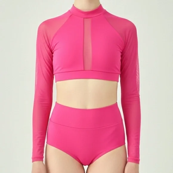 Baltogs Pink High Neck Mesh Long Sleeve Crop Top High Waisted Briefs Dance Set