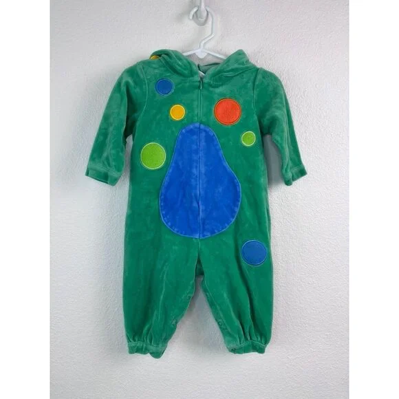 Vintage Parisian Kids baby 12 months‎ green dino sleeper costume hooded zip up